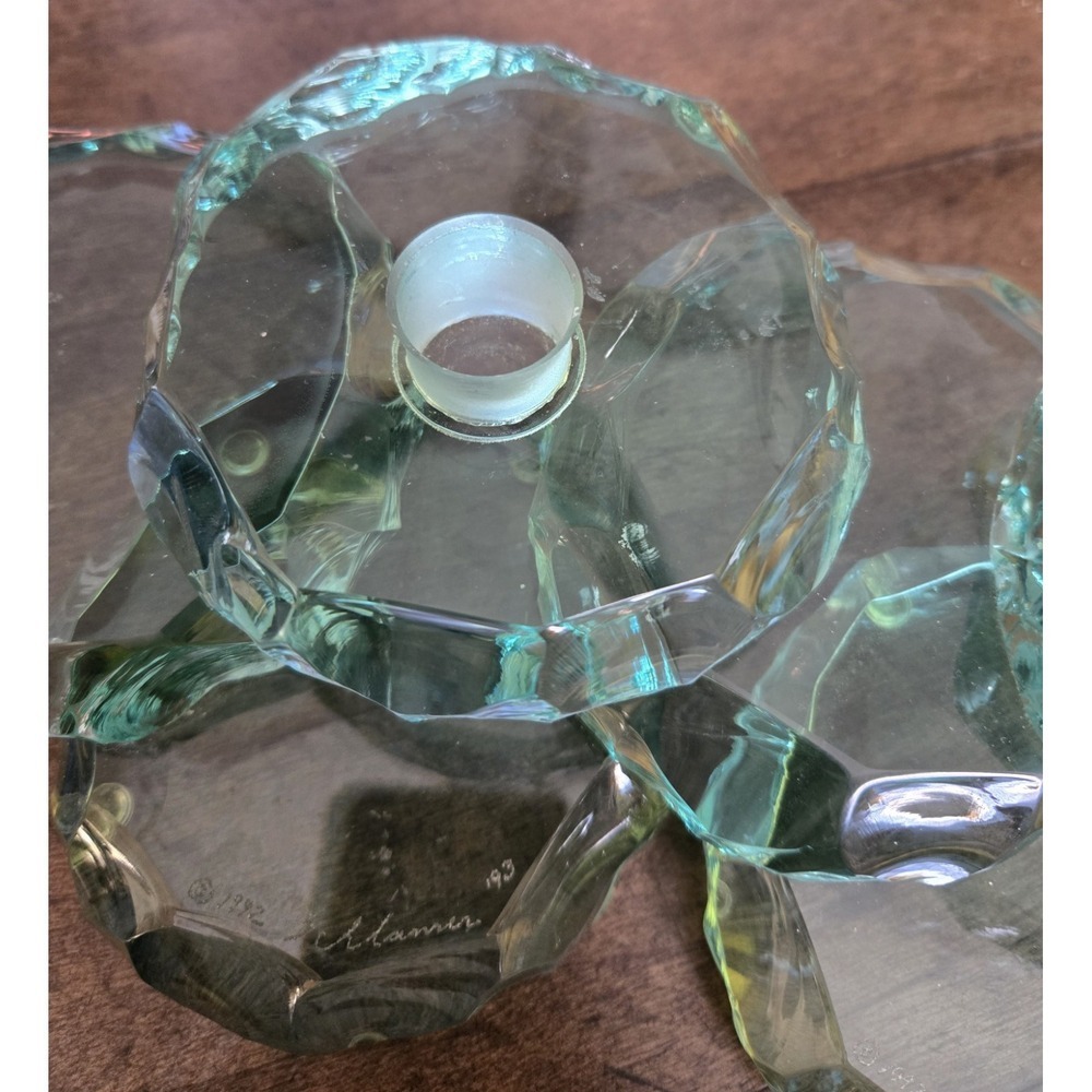 Rare 6 Pc Stephen Schlanser Aqua 'Ice Chip' Glass Art Piece 1992 Signed - Picture 6 of 10